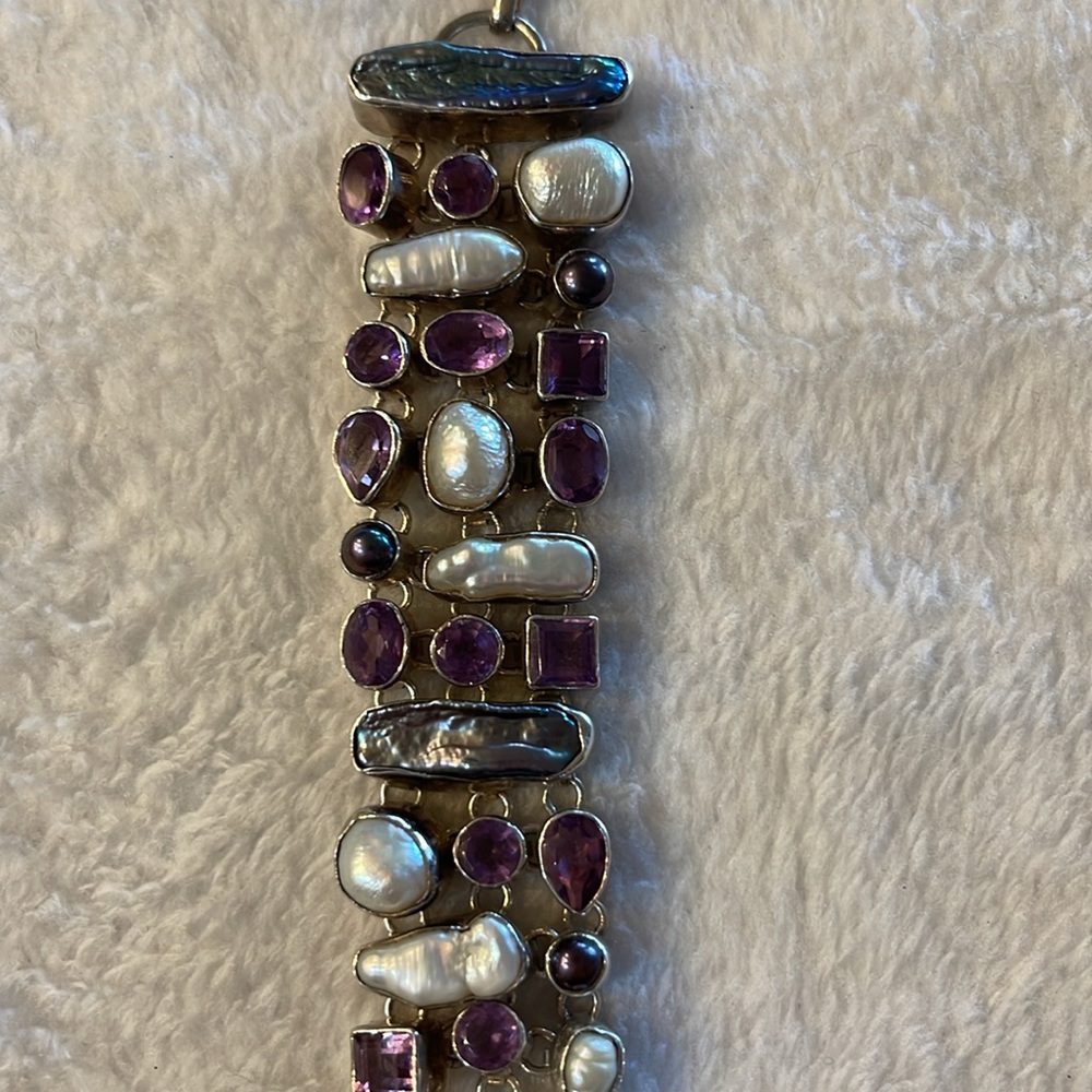 Sterling, Amethyst, and Pearl Statement Bracelet